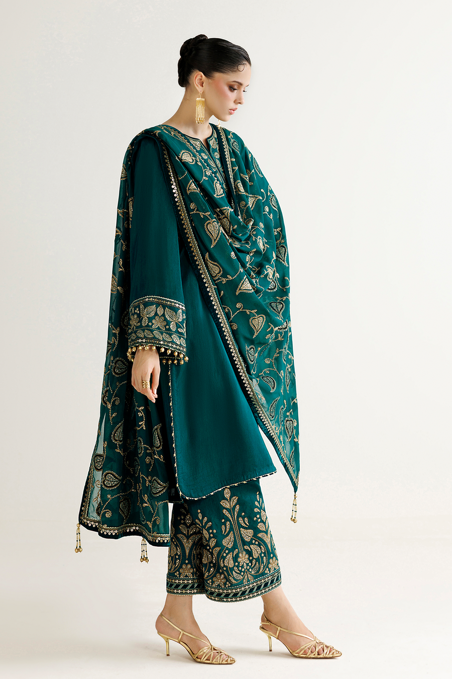 Emerald Green Embroidered Korean Raw Silk 3-Piece Suit with Chiffon Dupatta