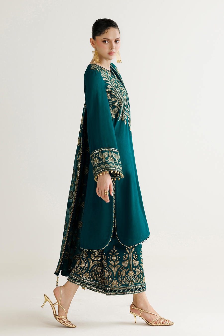 Emerald Green Embroidered Korean Raw Silk 3-Piece Suit with Chiffon Dupatta