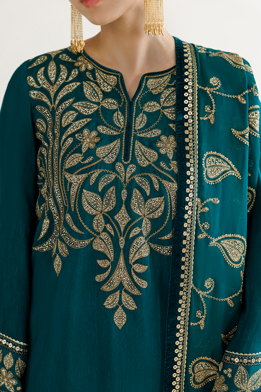 Emerald Green Embroidered Korean Raw Silk 3-Piece Suit with Chiffon Dupatta