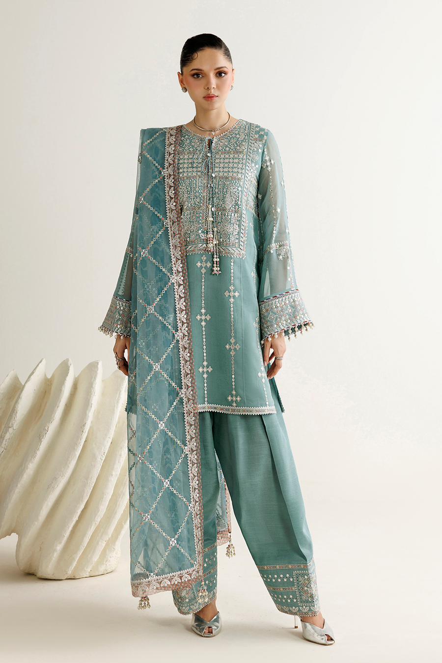 Seafoam Green Embroidered Chiffon 3-Piece Suit with Organza Dupatta