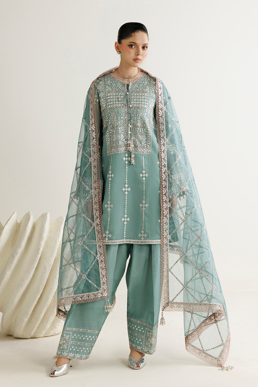 Seafoam Green Embroidered Chiffon 3-Piece Suit with Organza Dupatta
