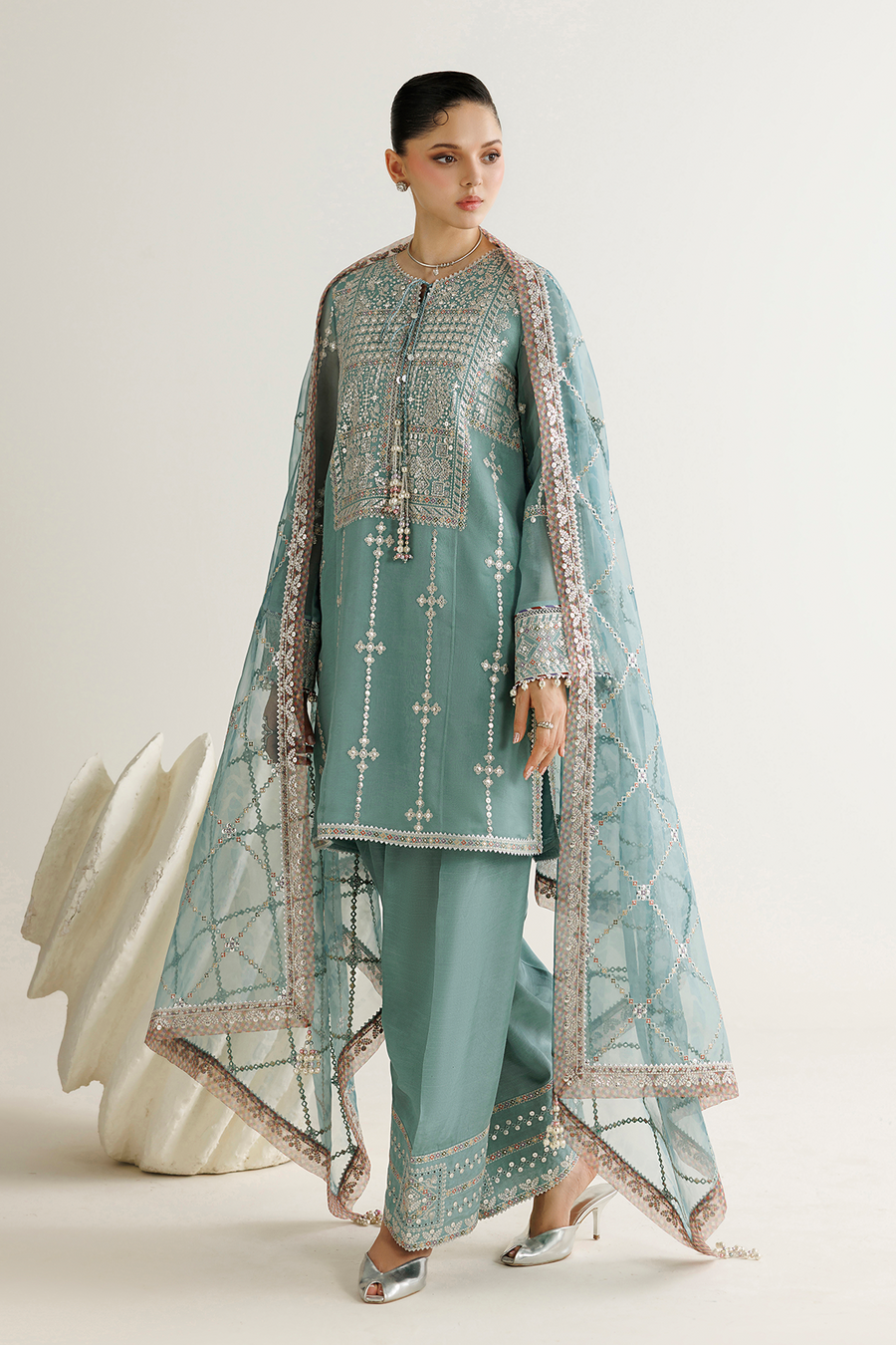 Seafoam Green Embroidered Chiffon 3-Piece Suit with Organza Dupatta