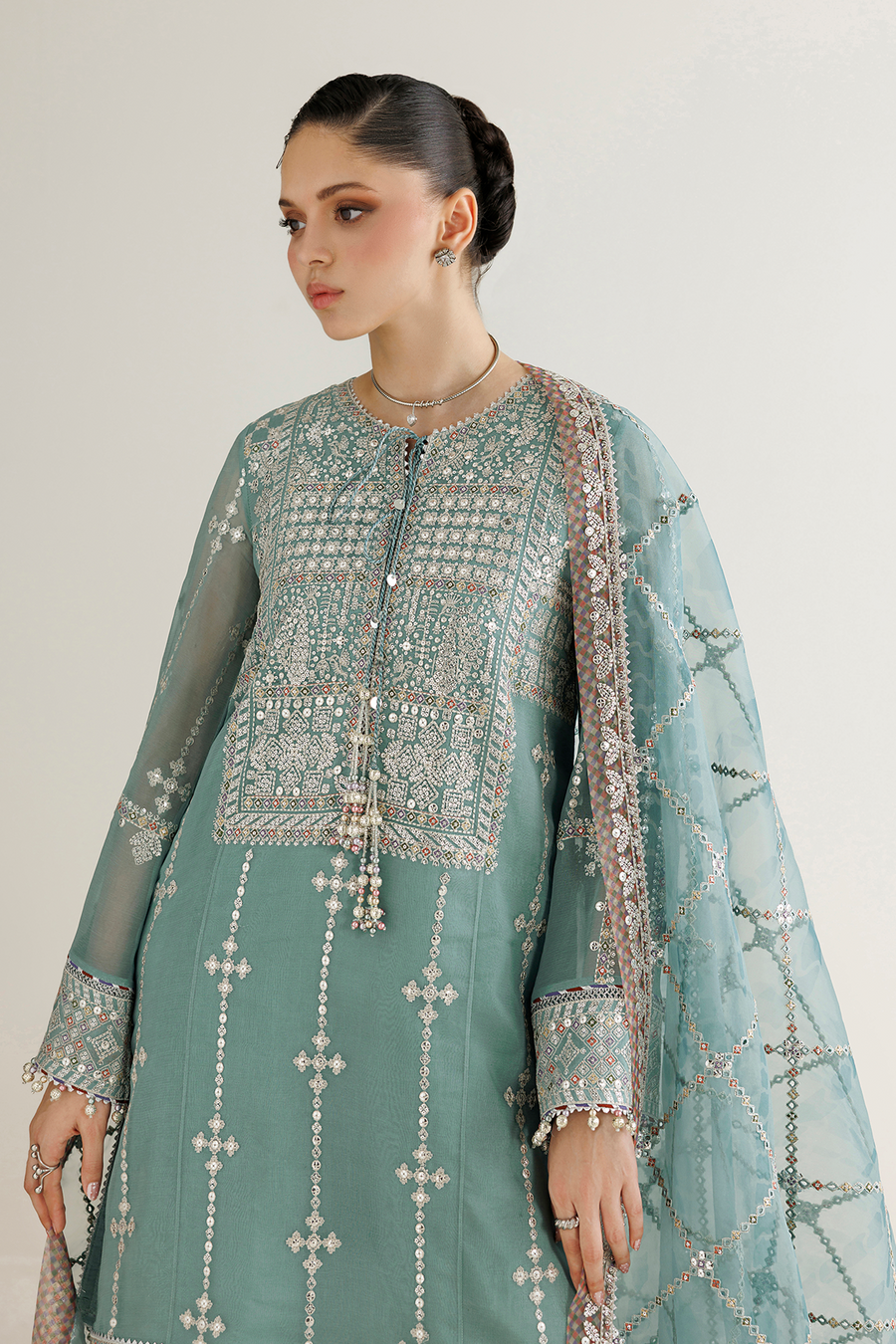 Seafoam Green Embroidered Chiffon 3-Piece Suit with Organza Dupatta