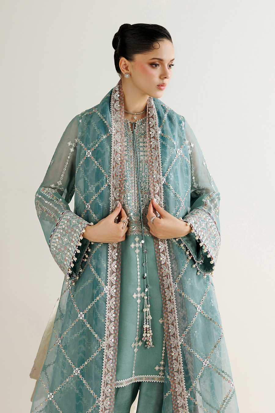 Seafoam Green Embroidered Chiffon 3-Piece Suit with Organza Dupatta
