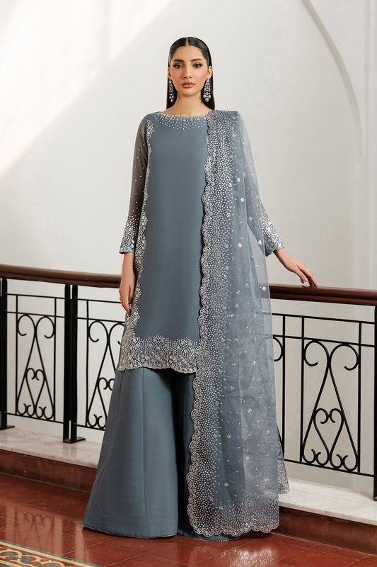 Steel Grey Sequins Embroidered Chiffon Sharara Suit with Organza Dupatta
