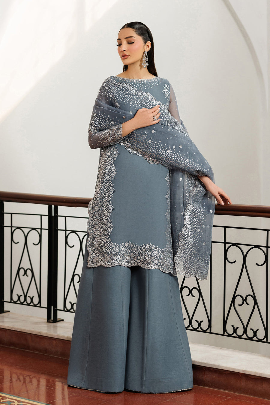 Steel Grey Sequins Embroidered Chiffon Sharara Suit with Organza Dupatta