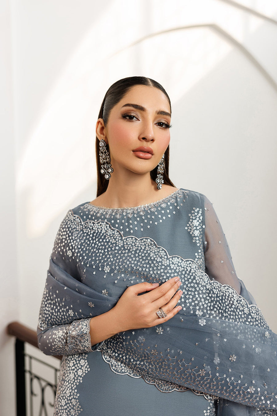 Steel Grey Sequins Embroidered Chiffon Sharara Suit with Organza Dupatta