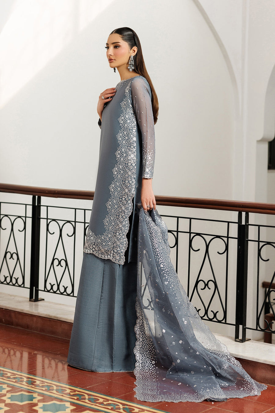Steel Grey Sequins Embroidered Chiffon Sharara Suit with Organza Dupatta