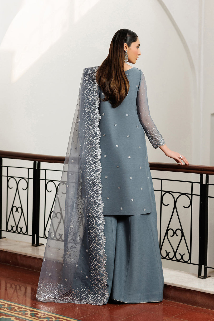 Steel Grey Sequins Embroidered Chiffon Sharara Suit with Organza Dupatta