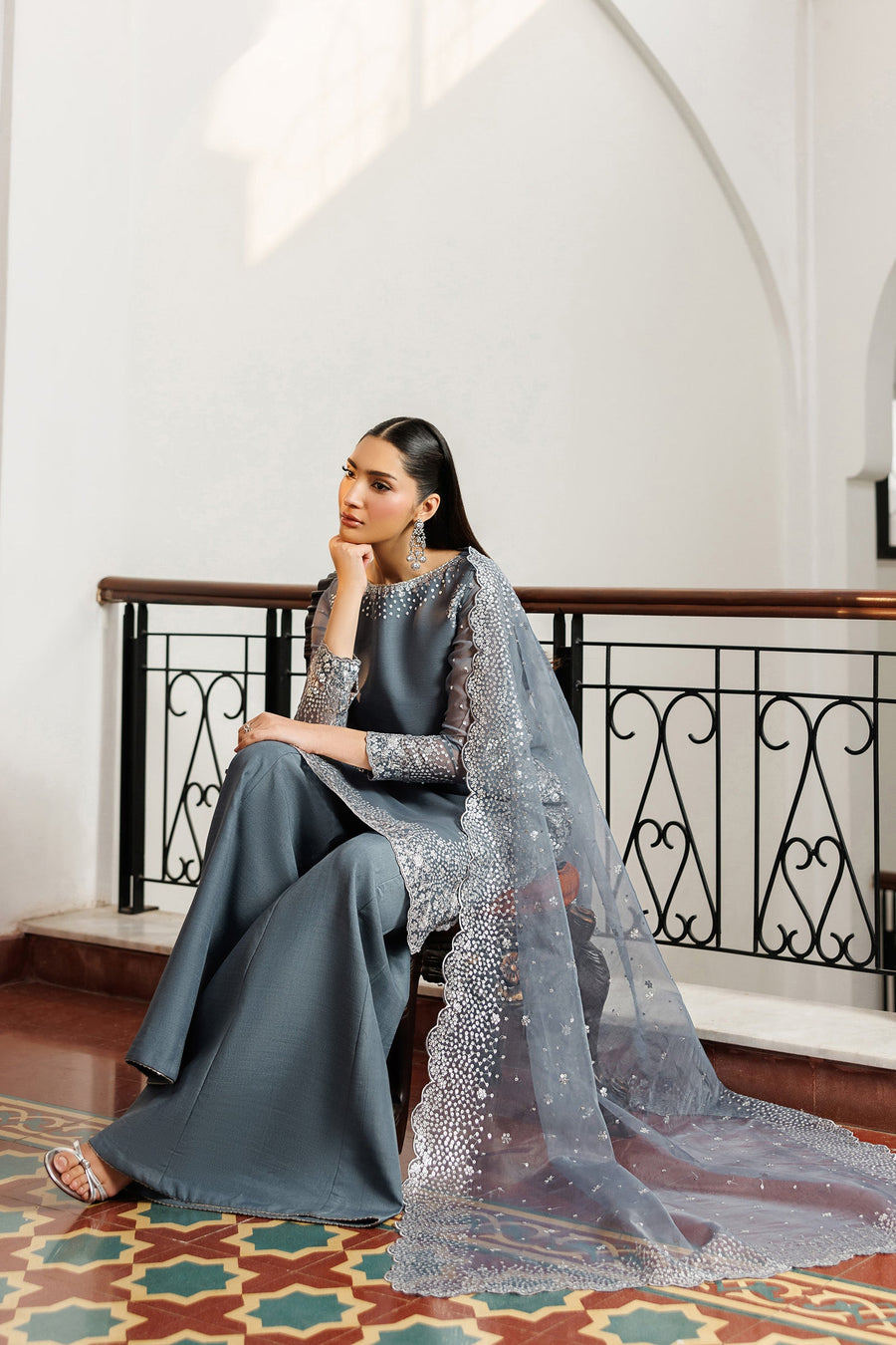 Steel Grey Sequins Embroidered Chiffon Sharara Suit with Organza Dupatta