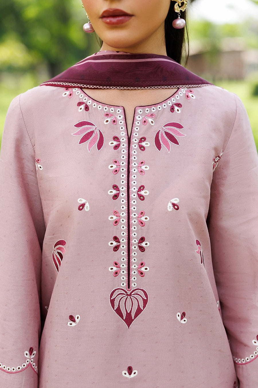 Dusty Pink Embroidered Dobby Lawn Suit with Cambric Trousers and Cotton Silk Dupatta