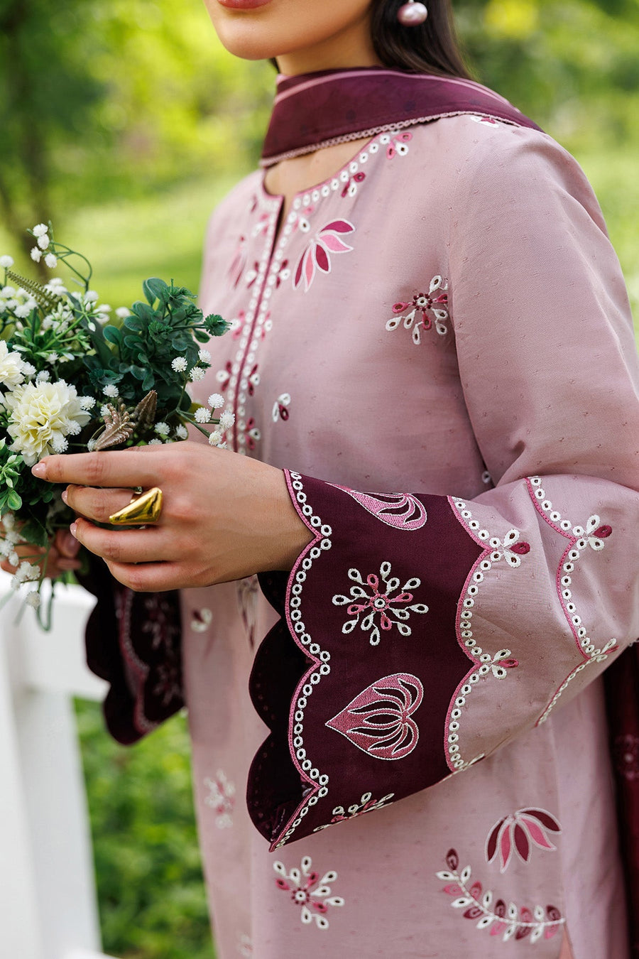 Dusty Pink Embroidered Dobby Lawn Suit with Cambric Trousers and Cotton Silk Dupatta