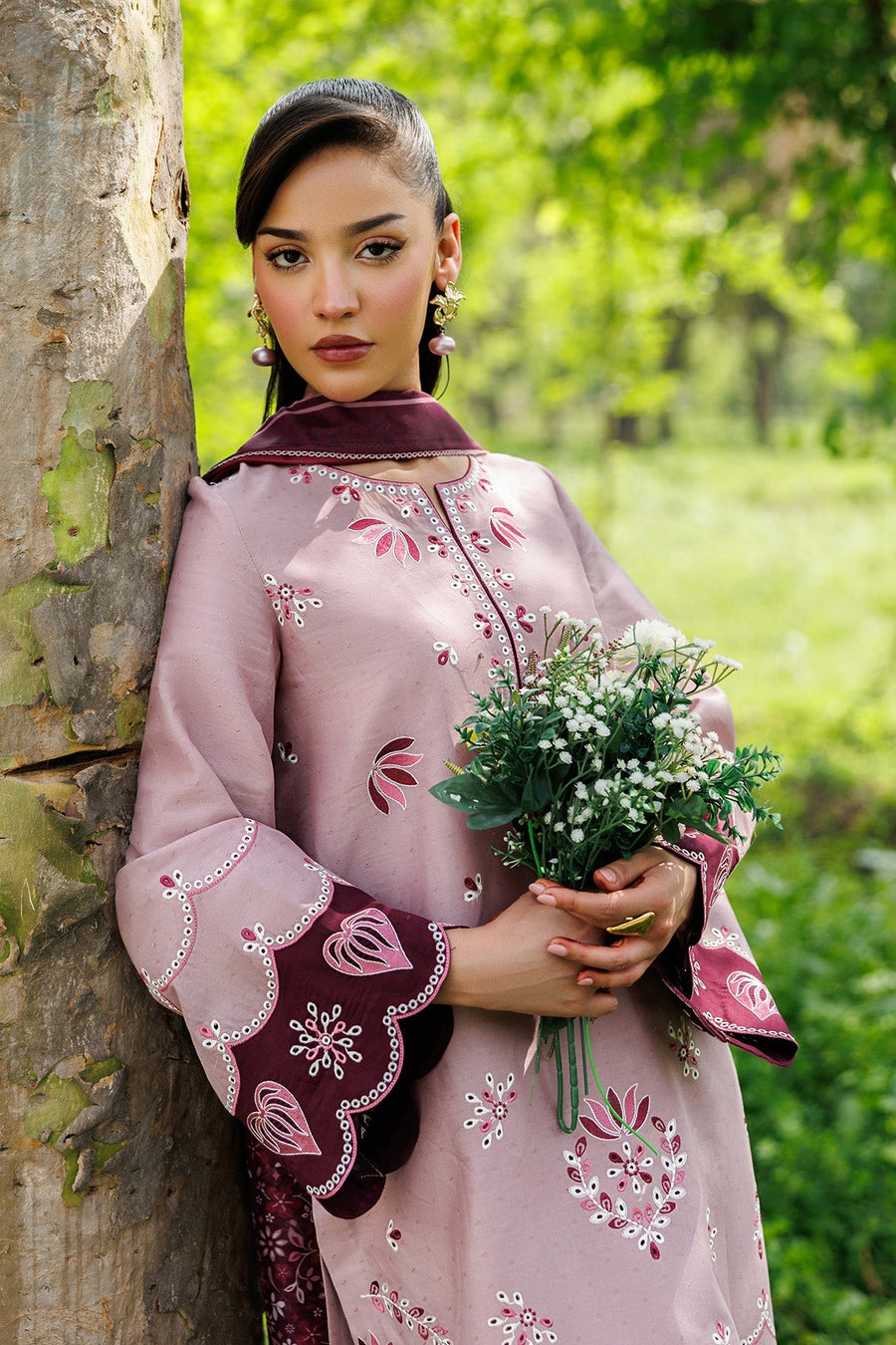 Dusty Pink Embroidered Dobby Lawn Suit with Cambric Trousers and Cotton Silk Dupatta