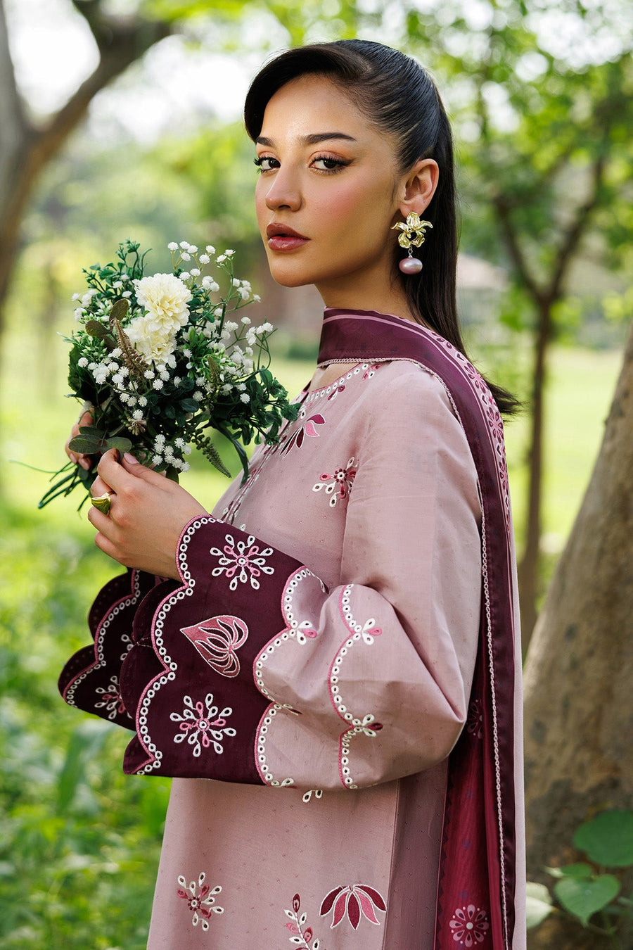 Dusty Pink Embroidered Dobby Lawn Suit with Cambric Trousers and Cotton Silk Dupatta