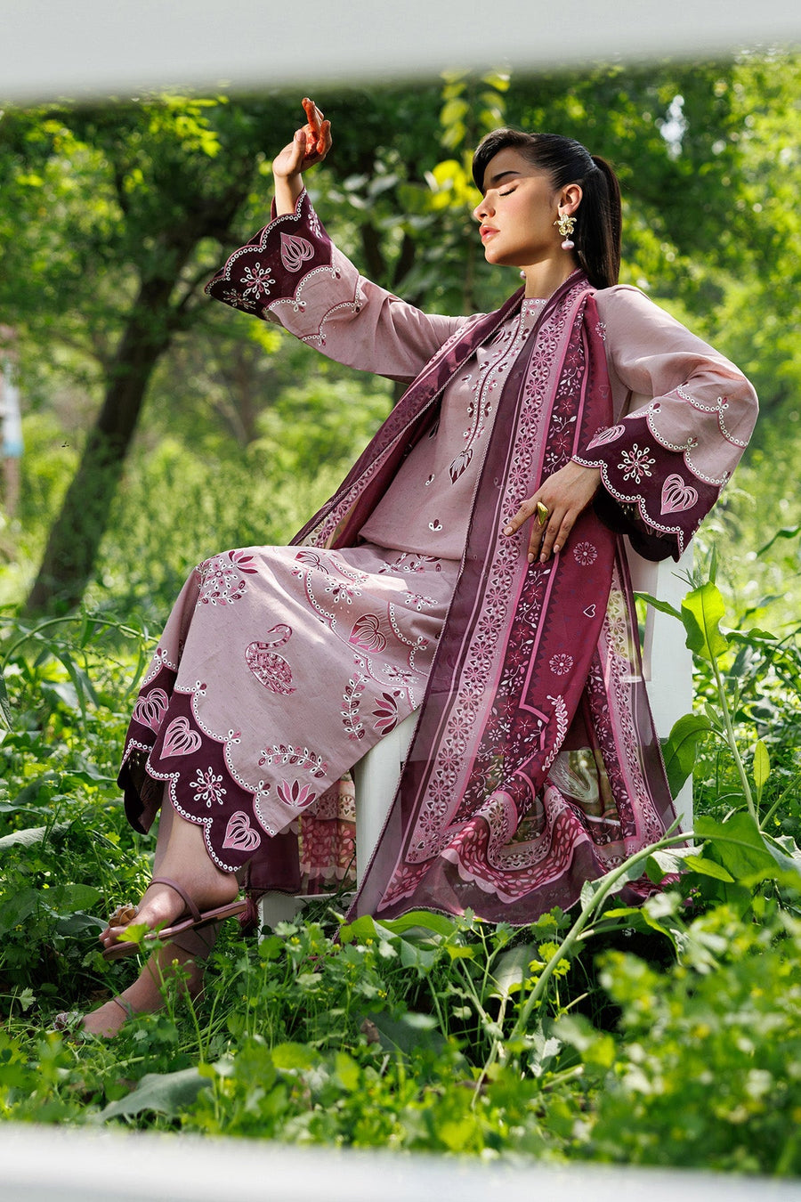 Dusty Pink Embroidered Dobby Lawn Suit with Cambric Trousers and Cotton Silk Dupatta