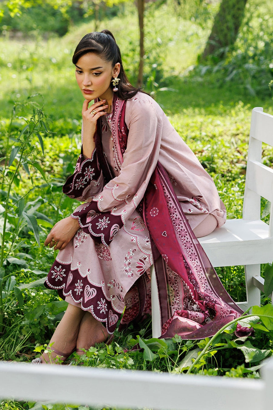 Dusty Pink Embroidered Dobby Lawn Suit with Cambric Trousers and Cotton Silk Dupatta