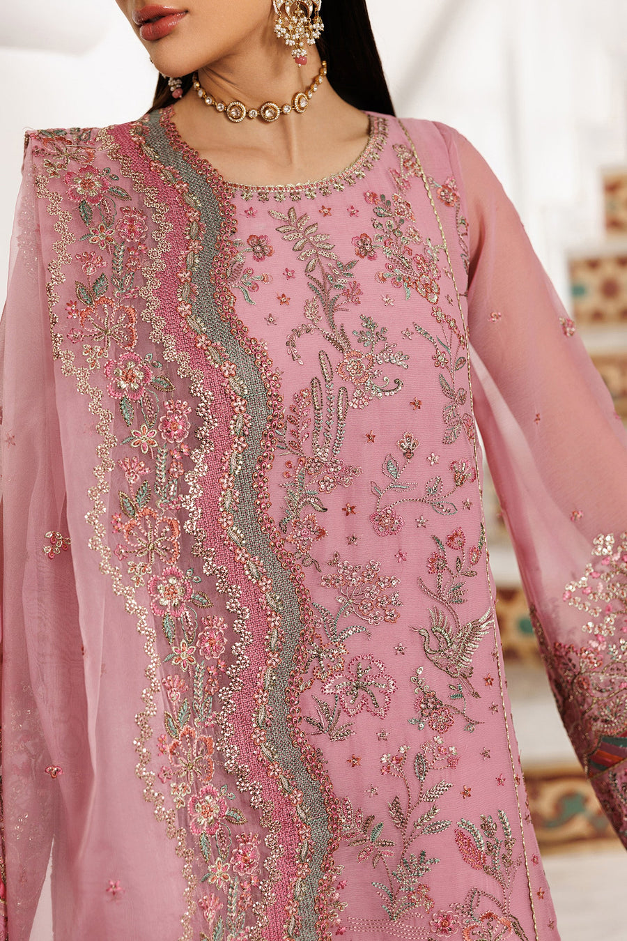 Blush Pink Sequins Embroidered Chiffon Suit with Raw Silk Trousers and Organza Dupatta
