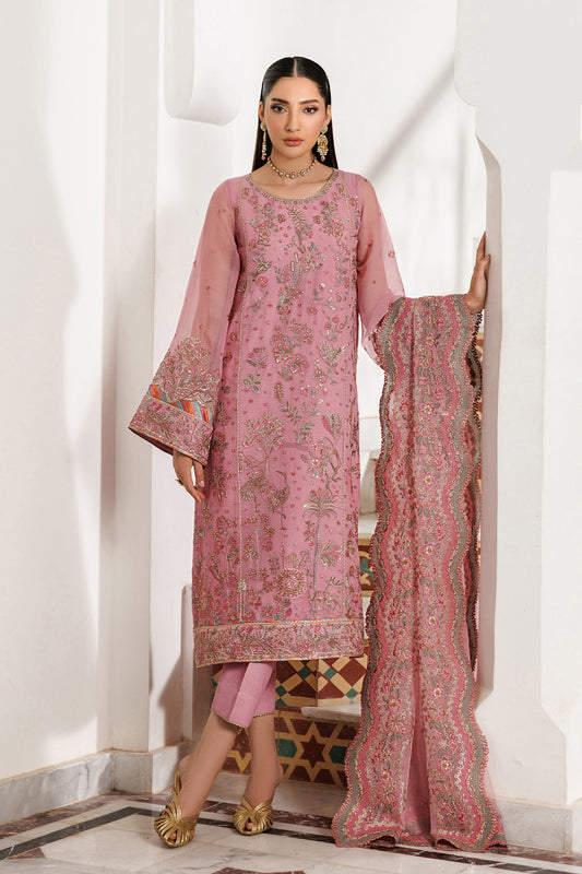 Blush Pink Sequins Embroidered Chiffon Suit with Raw Silk Trousers and Organza Dupatta
