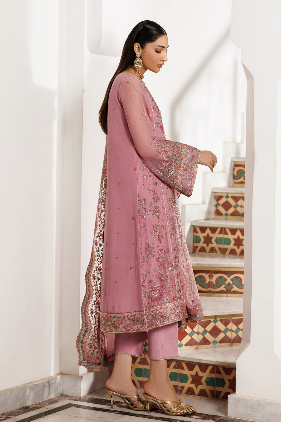 Blush Pink Sequins Embroidered Chiffon Suit with Raw Silk Trousers and Organza Dupatta