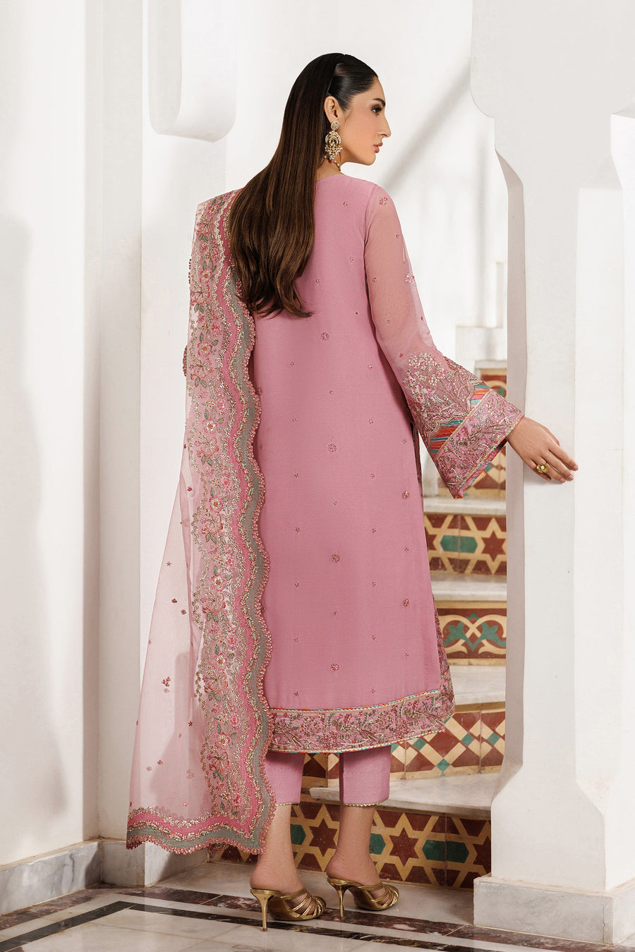Blush Pink Sequins Embroidered Chiffon Suit with Raw Silk Trousers and Organza Dupatta