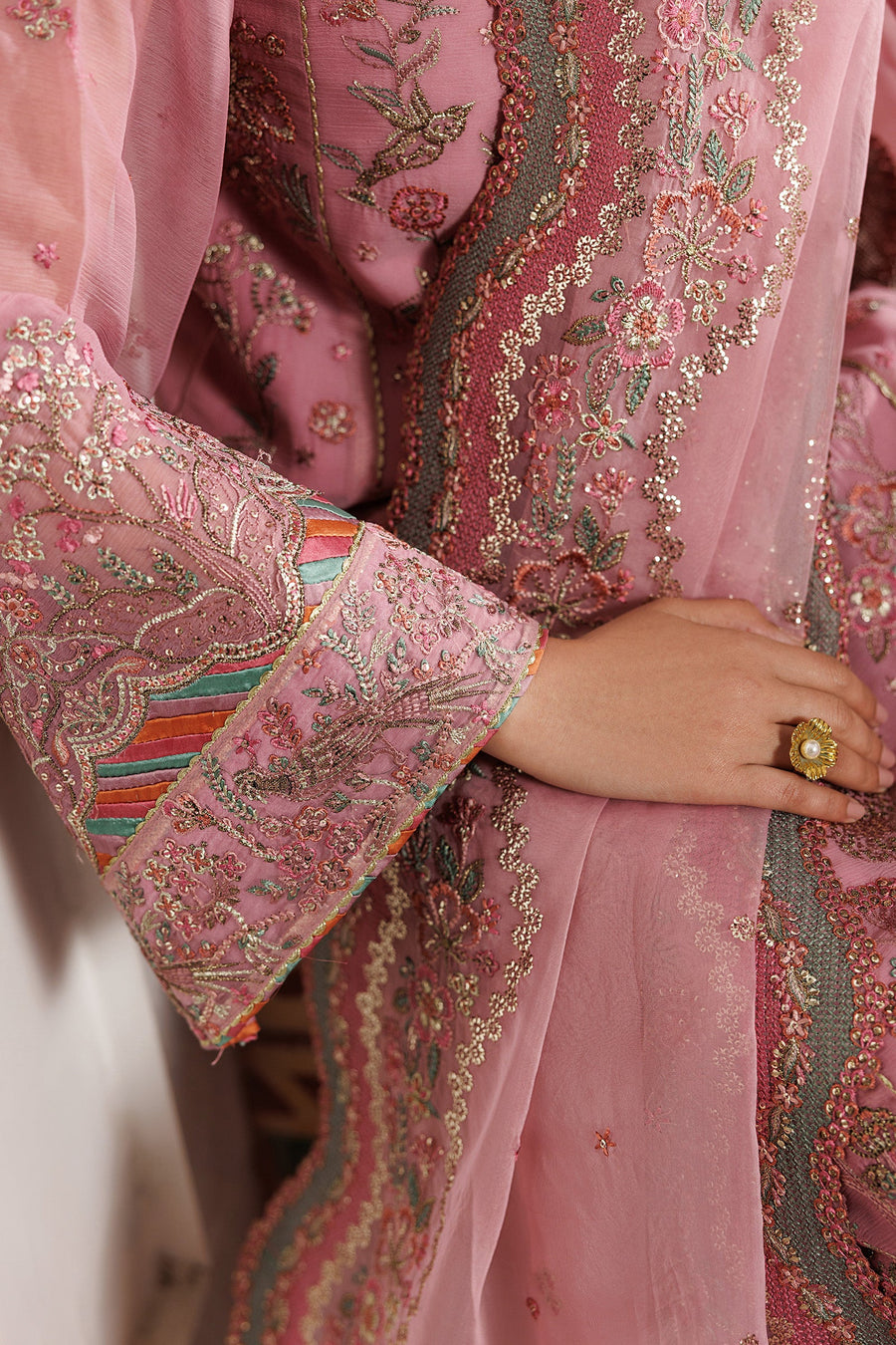 Blush Pink Sequins Embroidered Chiffon Suit with Raw Silk Trousers and Organza Dupatta