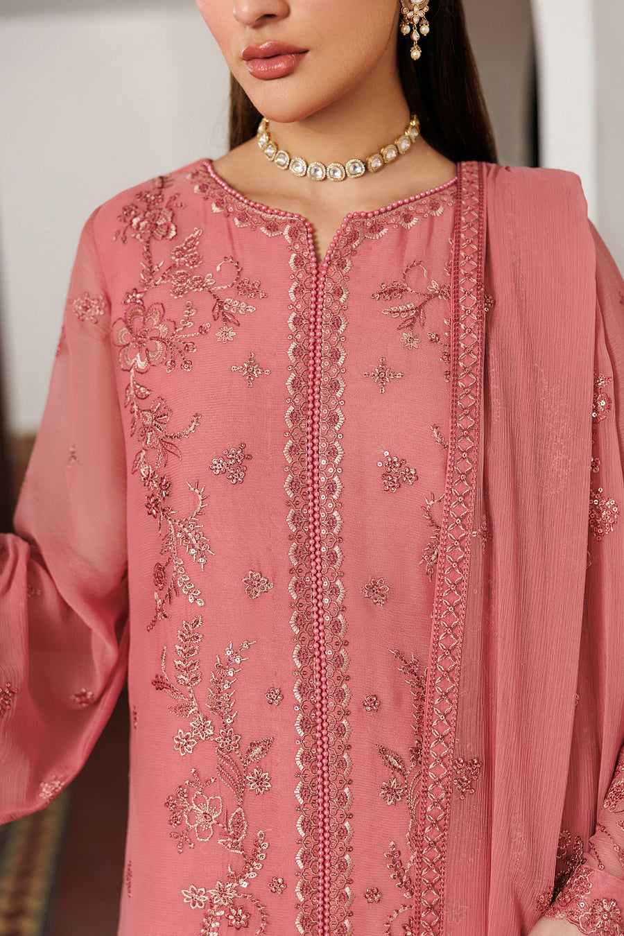 Rose Pink Sequins Embroidered Chiffon Suit with Raw Silk Trousers and Chiffon Dupatta