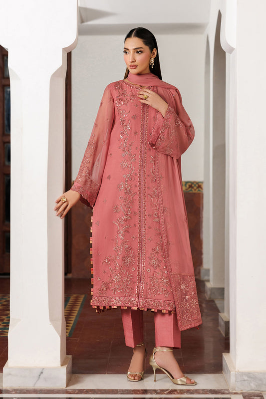 Rose Pink Sequins Embroidered Chiffon Suit with Raw Silk Trousers and Chiffon Dupatta