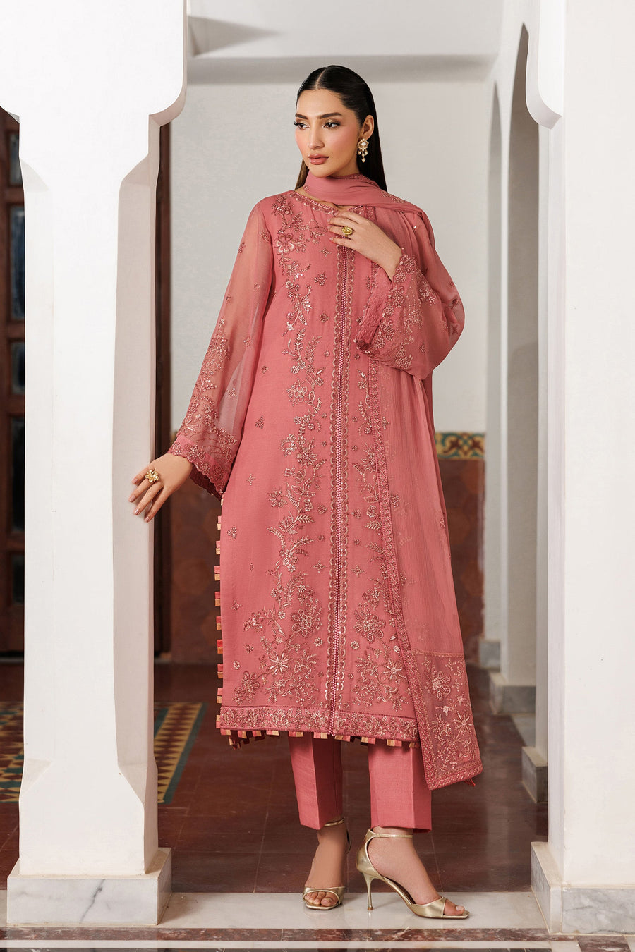 Rose Pink Sequins Embroidered Chiffon Suit with Raw Silk Trousers and Chiffon Dupatta