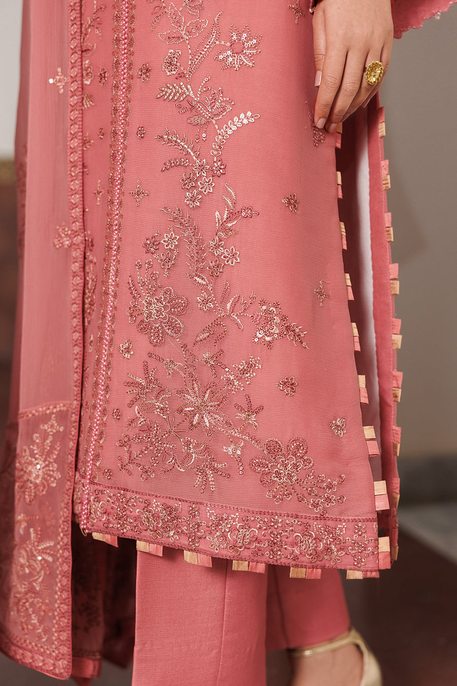 Rose Pink Sequins Embroidered Chiffon Suit with Raw Silk Trousers and Chiffon Dupatta