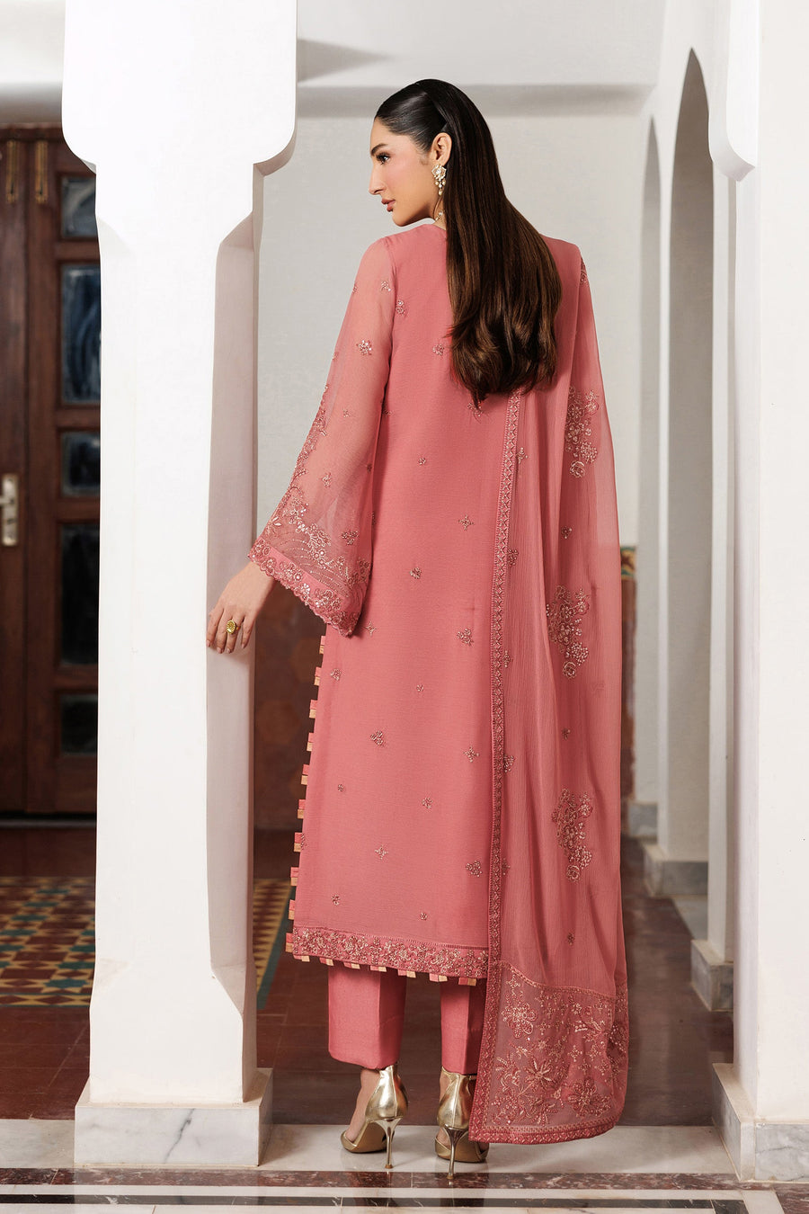 Rose Pink Sequins Embroidered Chiffon Suit with Raw Silk Trousers and Chiffon Dupatta