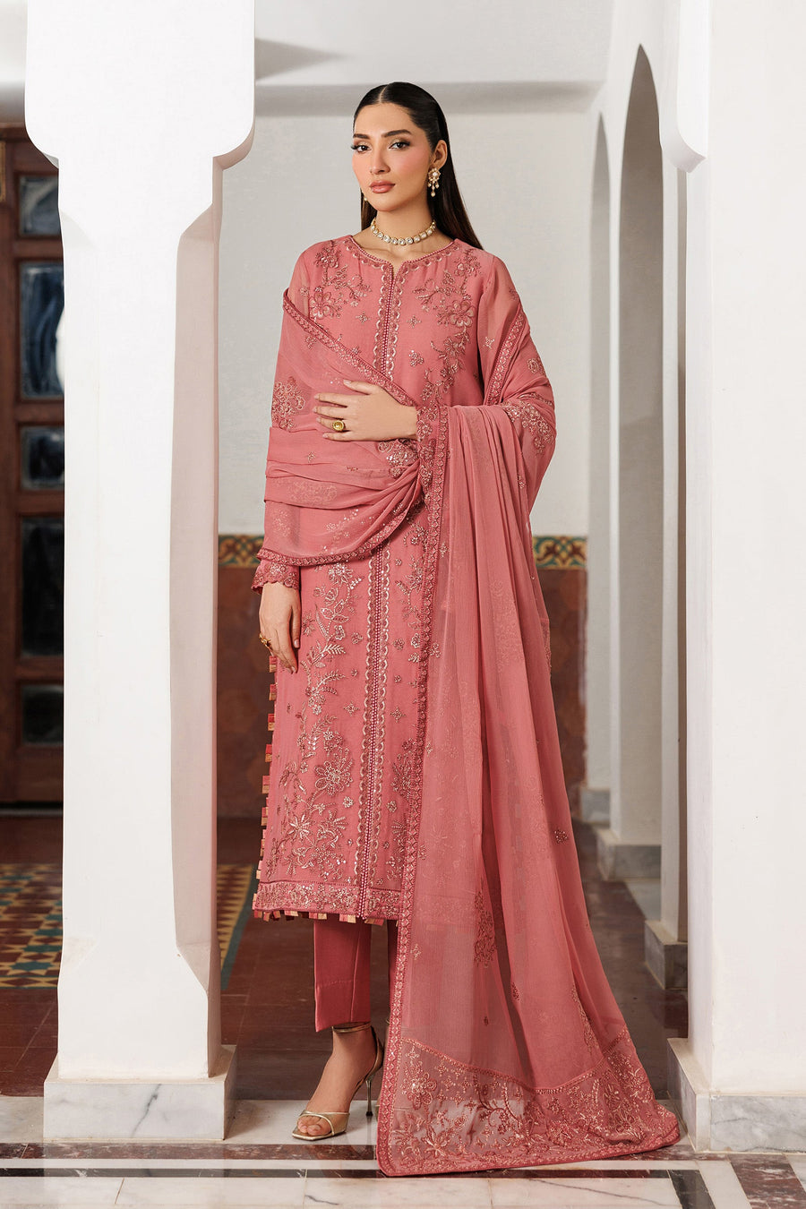 Rose Pink Sequins Embroidered Chiffon Suit with Raw Silk Trousers and Chiffon Dupatta