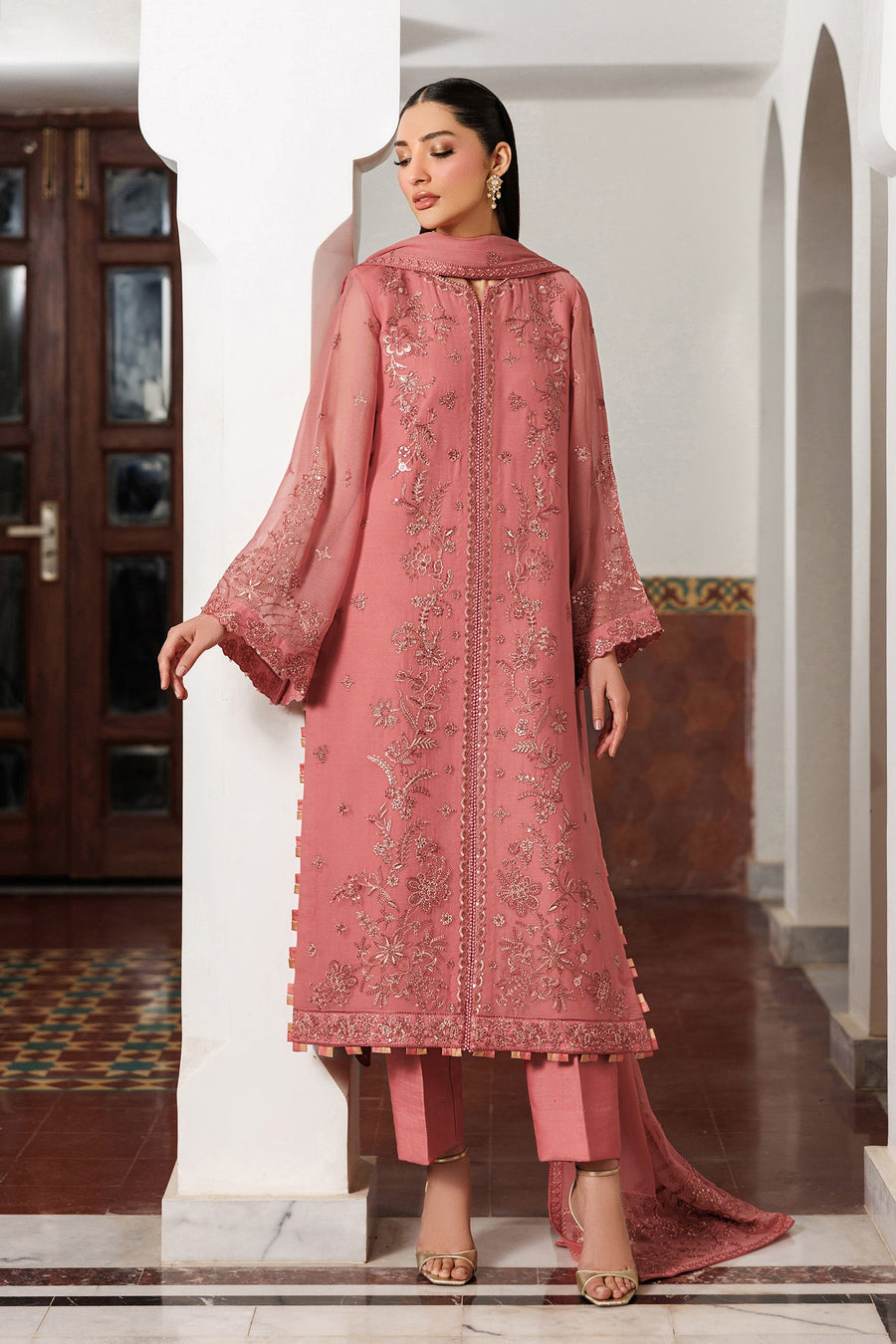 Rose Pink Sequins Embroidered Chiffon Suit with Raw Silk Trousers and Chiffon Dupatta