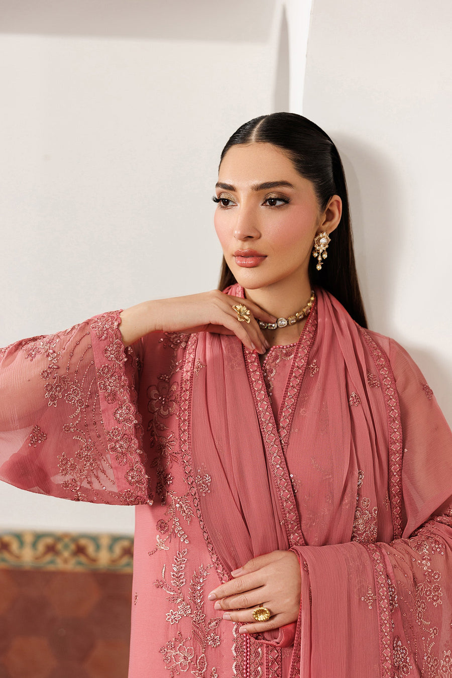 Rose Pink Sequins Embroidered Chiffon Suit with Raw Silk Trousers and Chiffon Dupatta