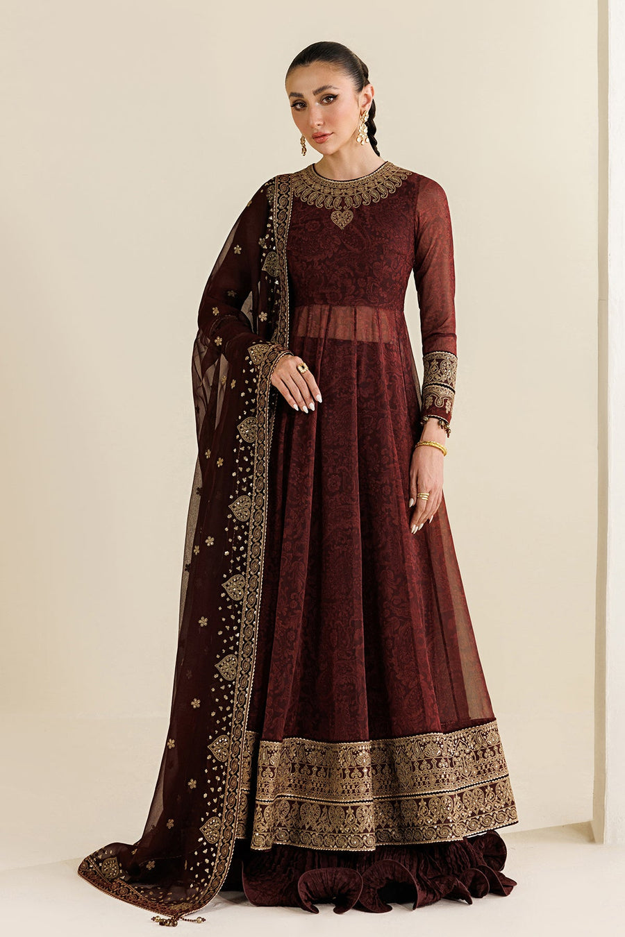 Embroidered Chiffon 3-Piece Formal Suit with Velvet Details
