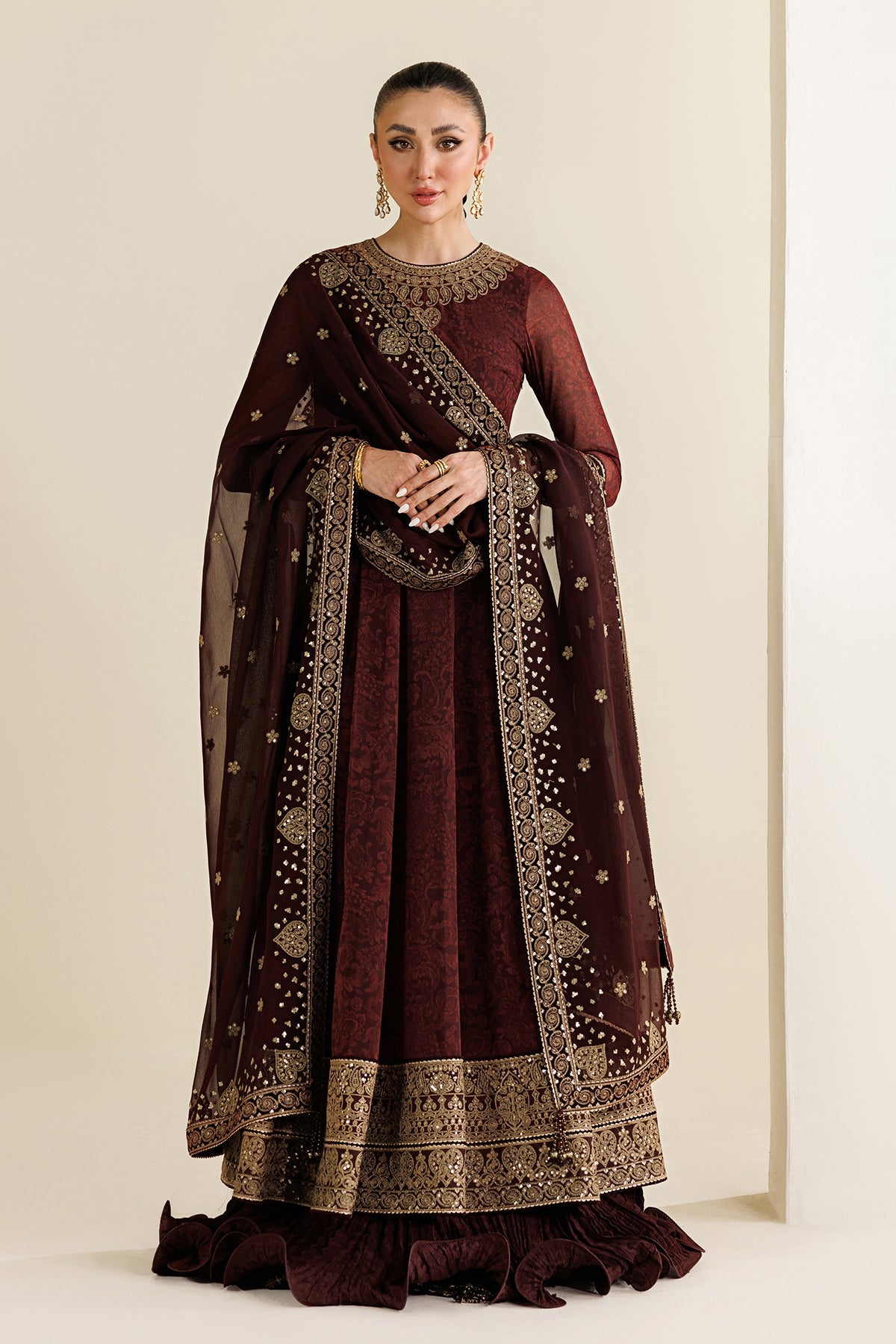 Embroidered Chiffon 3-Piece Formal Suit with Velvet Details