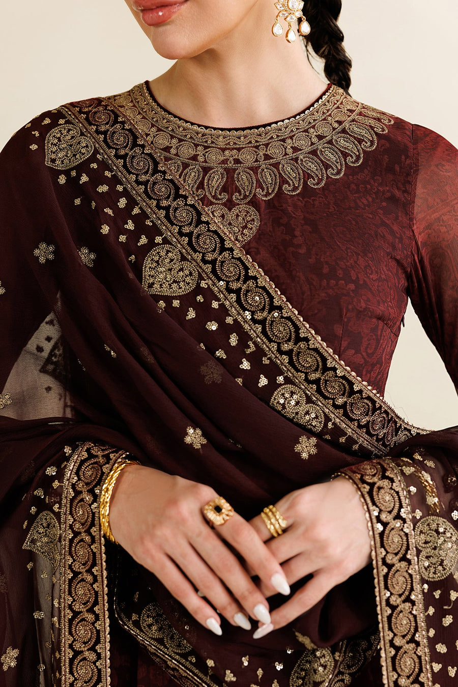 Embroidered Chiffon 3-Piece Formal Suit with Velvet Details