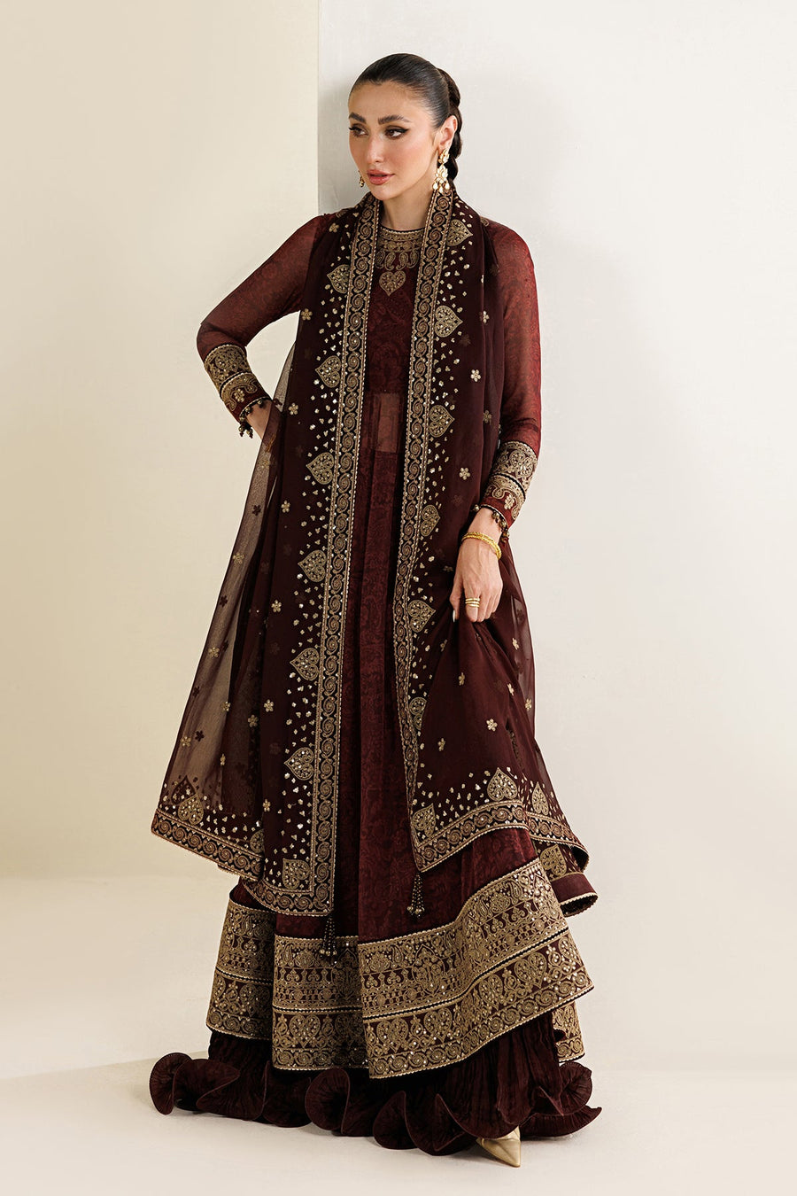 Embroidered Chiffon 3-Piece Formal Suit with Velvet Details