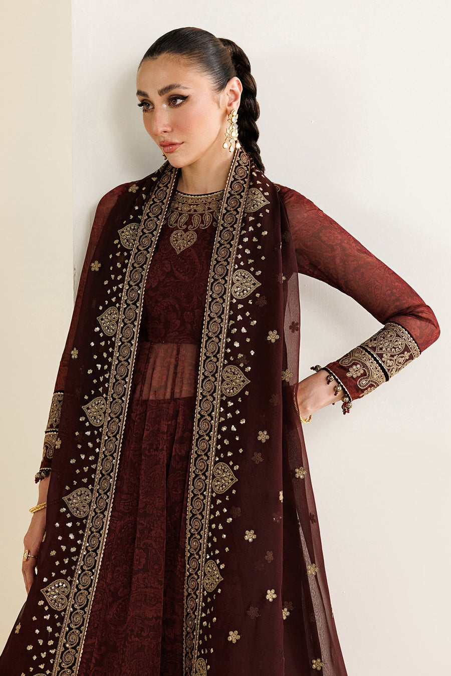 Embroidered Chiffon 3-Piece Formal Suit with Velvet Details