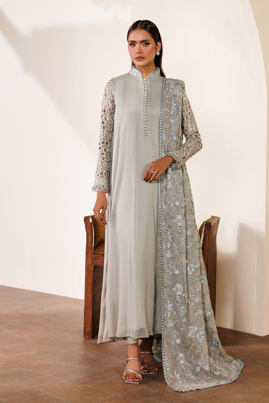 Embroidered Chiffon Frock Suit | EMC 19