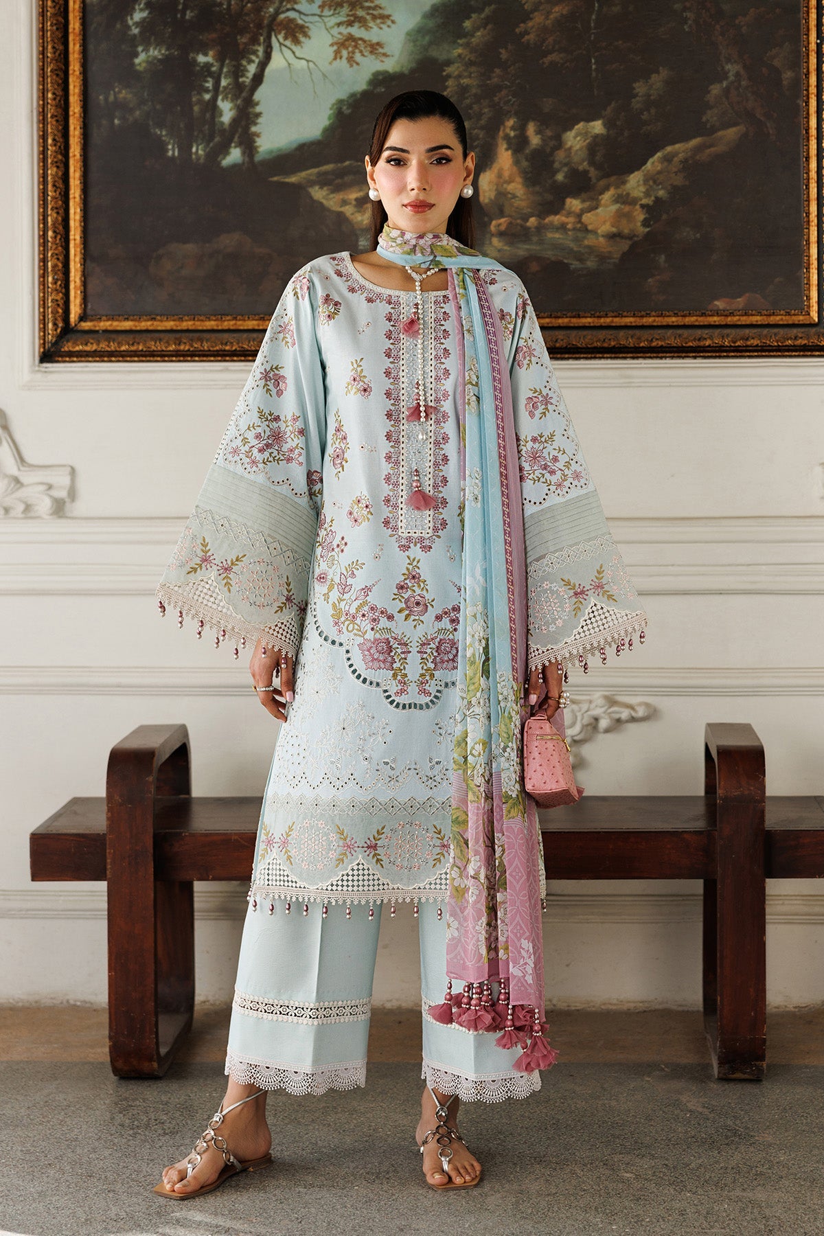 Modest Embroidered Lawn Suit with Chiffon Dupatta