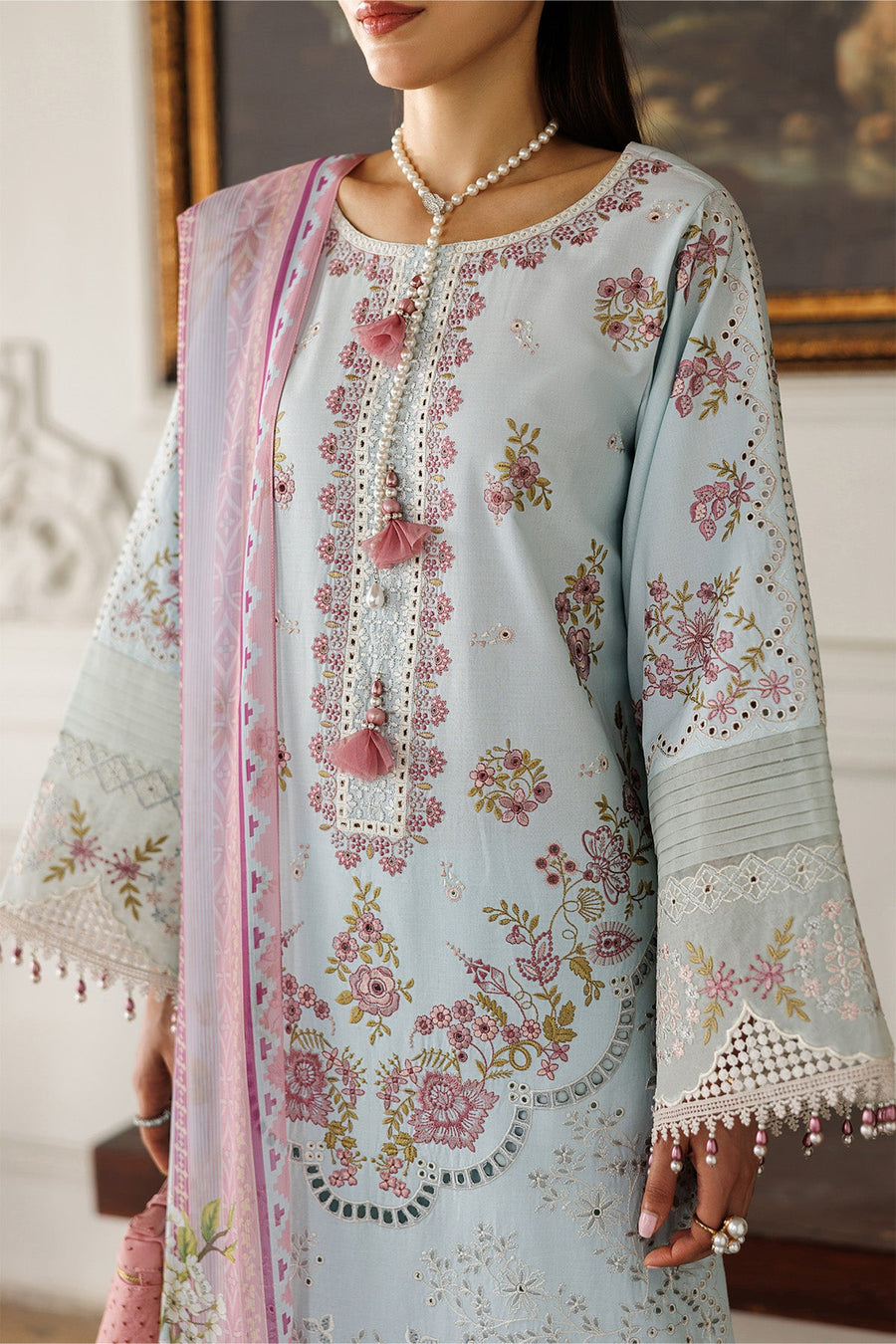 Modest Embroidered Lawn Suit with Chiffon Dupatta - Pehnaawaa