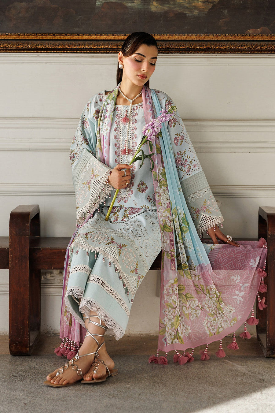 Modest Embroidered Lawn Suit with Chiffon Dupatta - Pehnaawaa