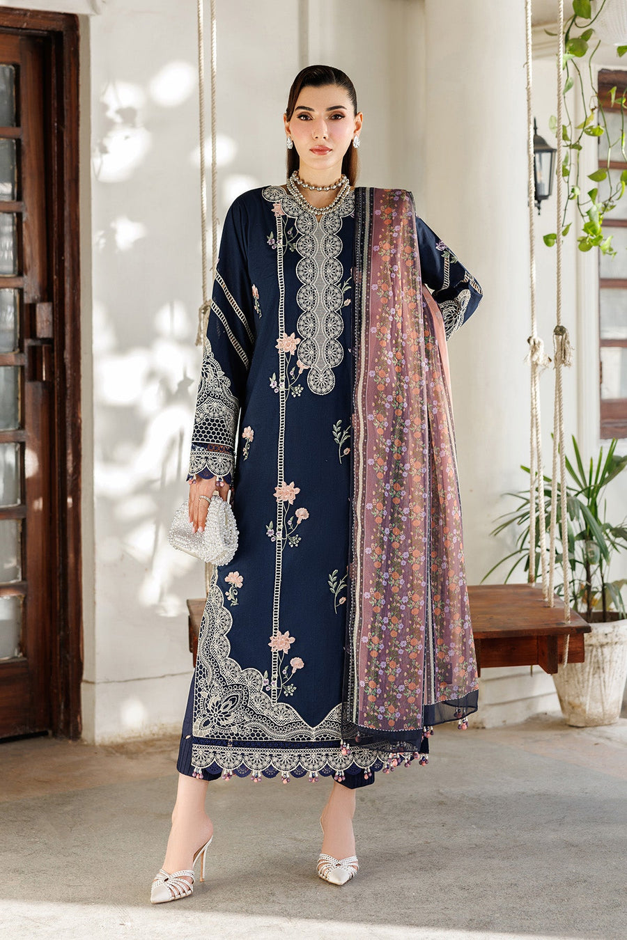 Midnight Blossom – Embroidered Navy Blue Lawn 3-Piece Festive Suit - Pehnaawaa