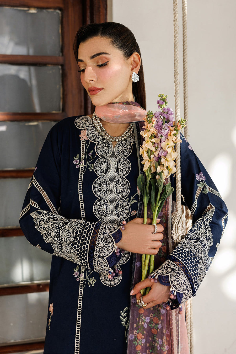 Midnight Blossom – Embroidered Navy Blue Lawn 3-Piece Festive Suit - Pehnaawaa