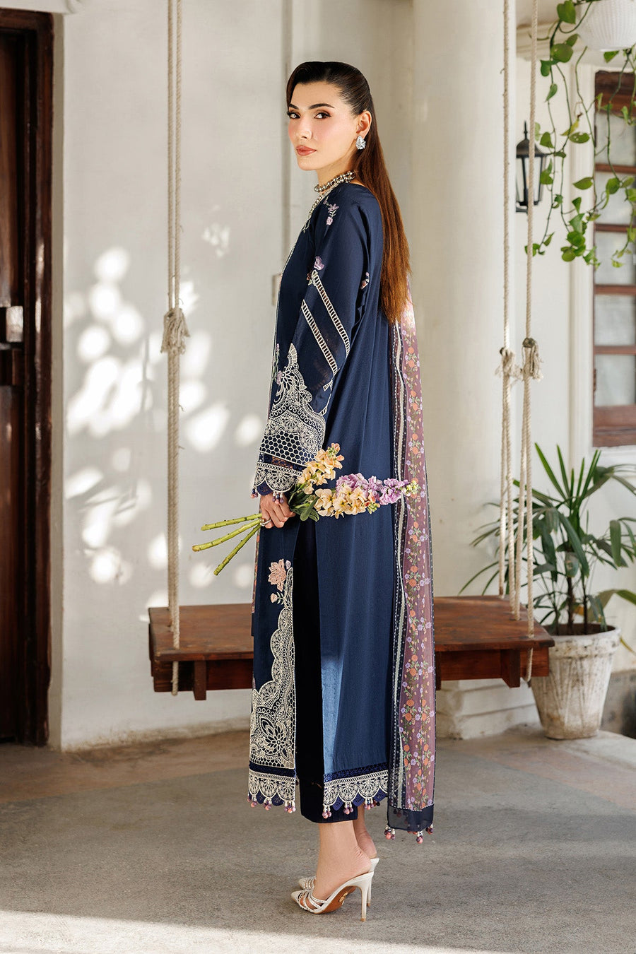Midnight Blossom – Embroidered Navy Blue Lawn 3-Piece Festive Suit - Pehnaawaa