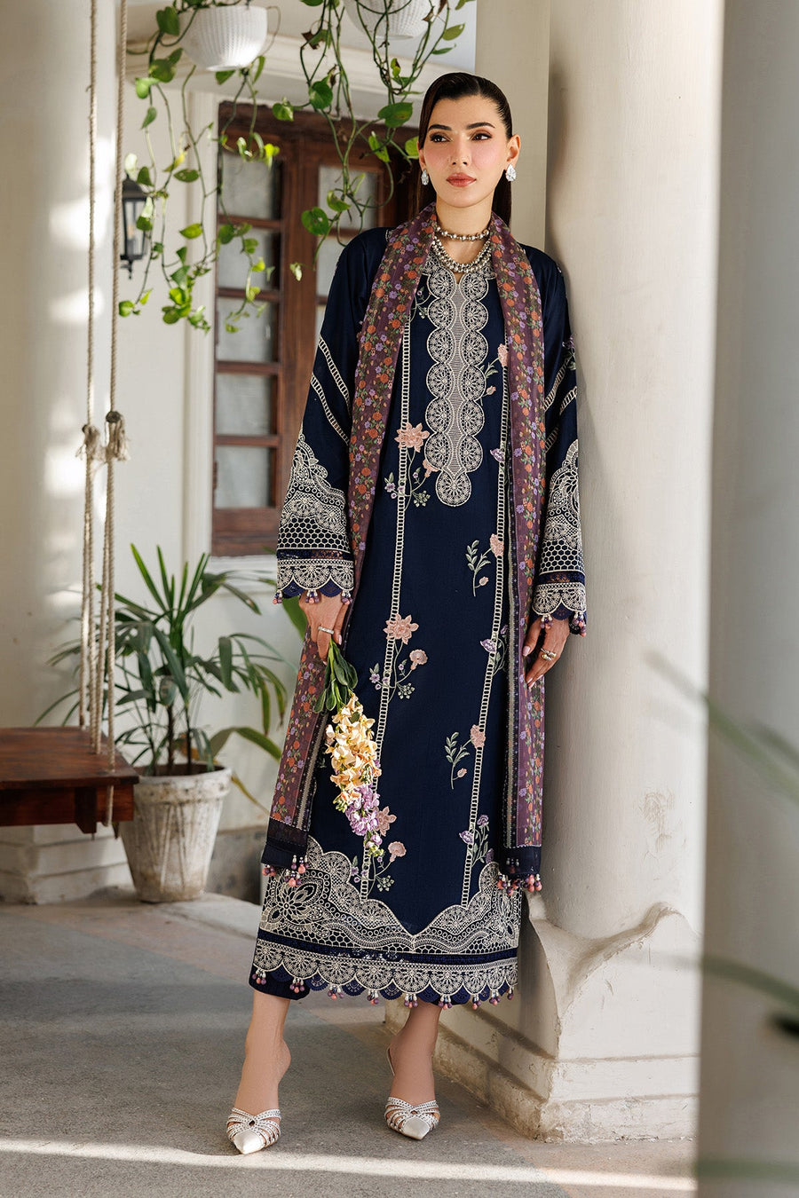 Midnight Blossom – Embroidered Navy Blue Lawn 3-Piece Festive Suit - Pehnaawaa