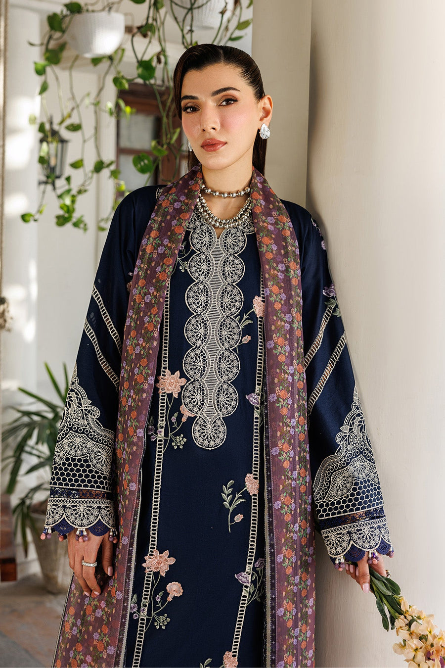 Midnight Blossom – Embroidered Navy Blue Lawn 3-Piece Festive Suit - Pehnaawaa