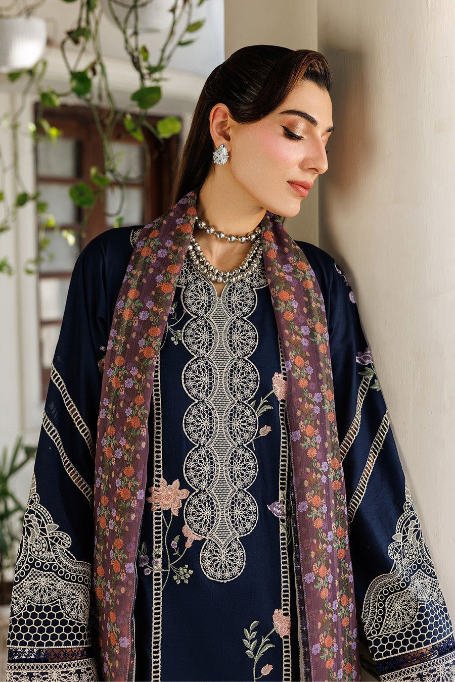 Midnight Blossom – Embroidered Navy Blue Lawn 3-Piece Festive Suit - Pehnaawaa