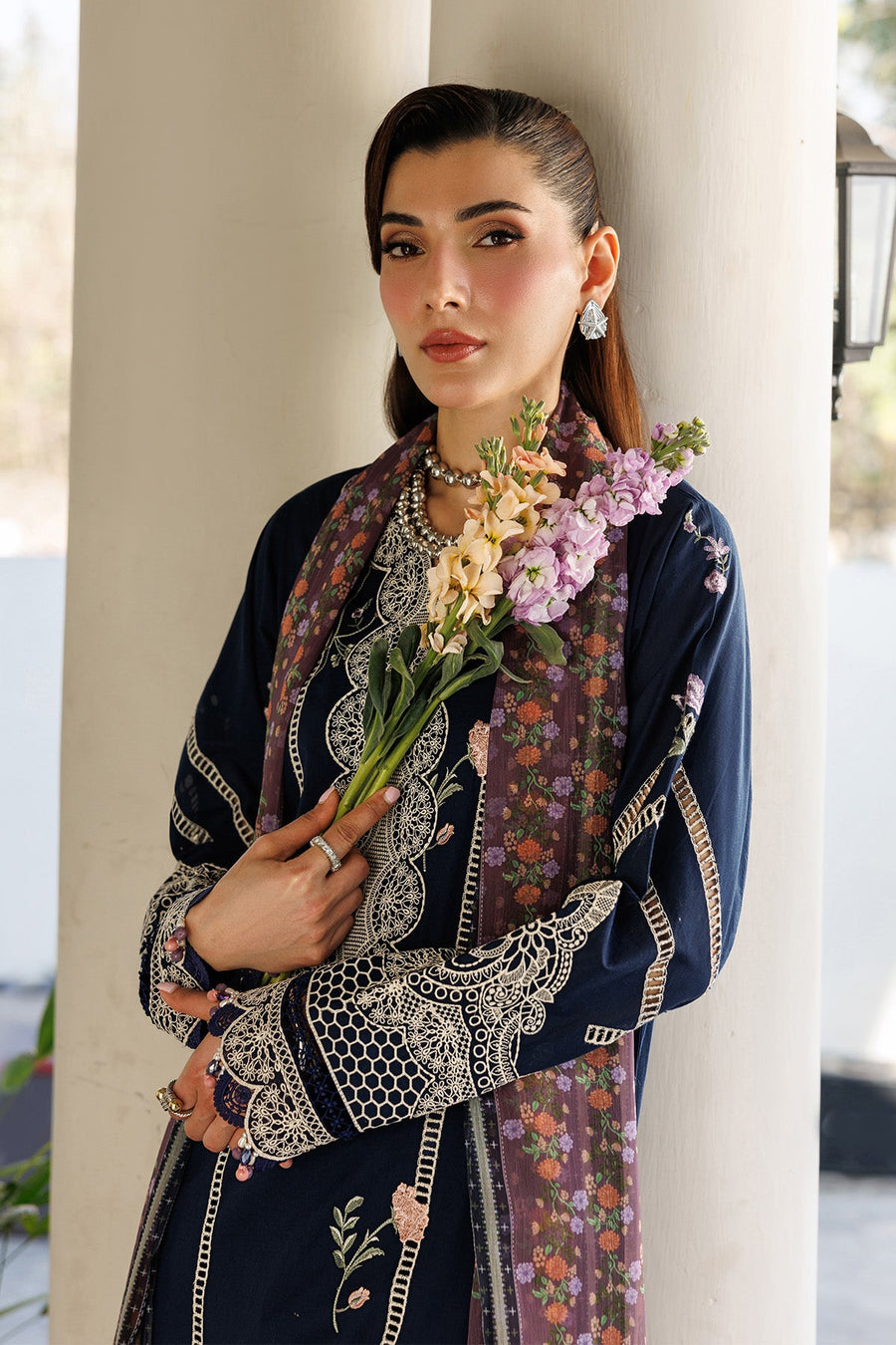 Midnight Blossom – Embroidered Navy Blue Lawn 3-Piece Festive Suit - Pehnaawaa