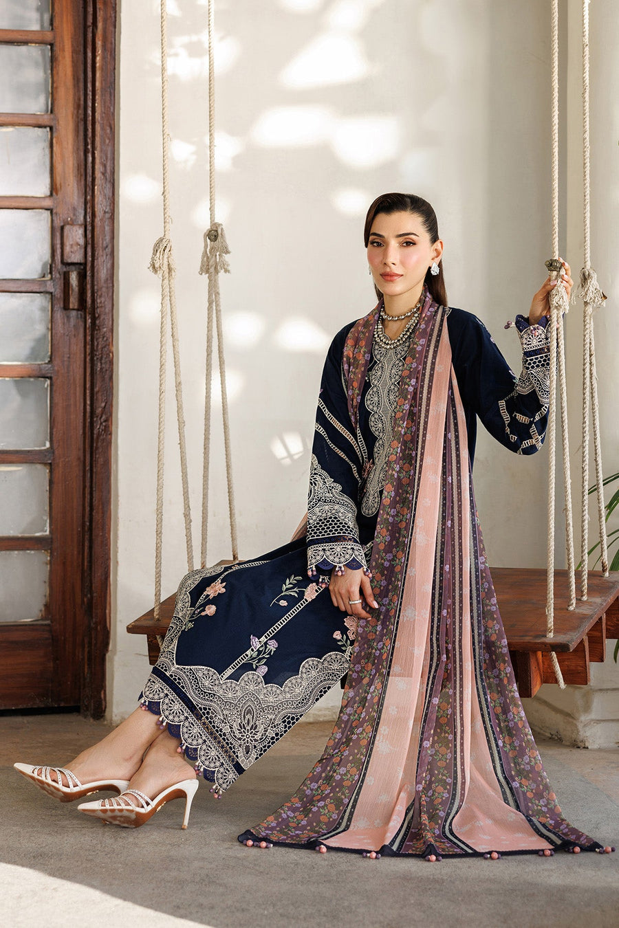 Midnight Blossom – Embroidered Navy Blue Lawn 3-Piece Festive Suit - Pehnaawaa